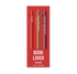 A red book lover pen pack containing three pens with humorous quotes printed vertically on them, set against a plain white background.