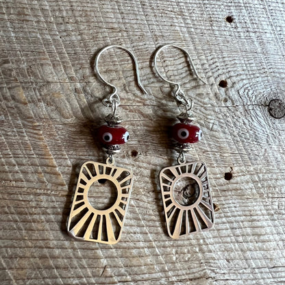 SariBlue® Sunburst with Deep Red Evil Eye Earrings