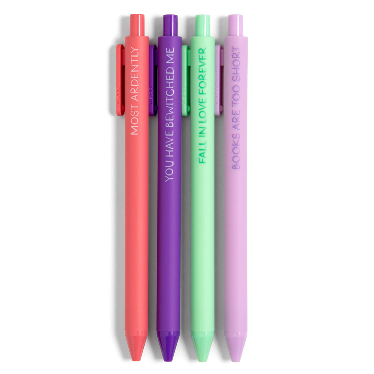 Set of four colorful pens with text on a white background