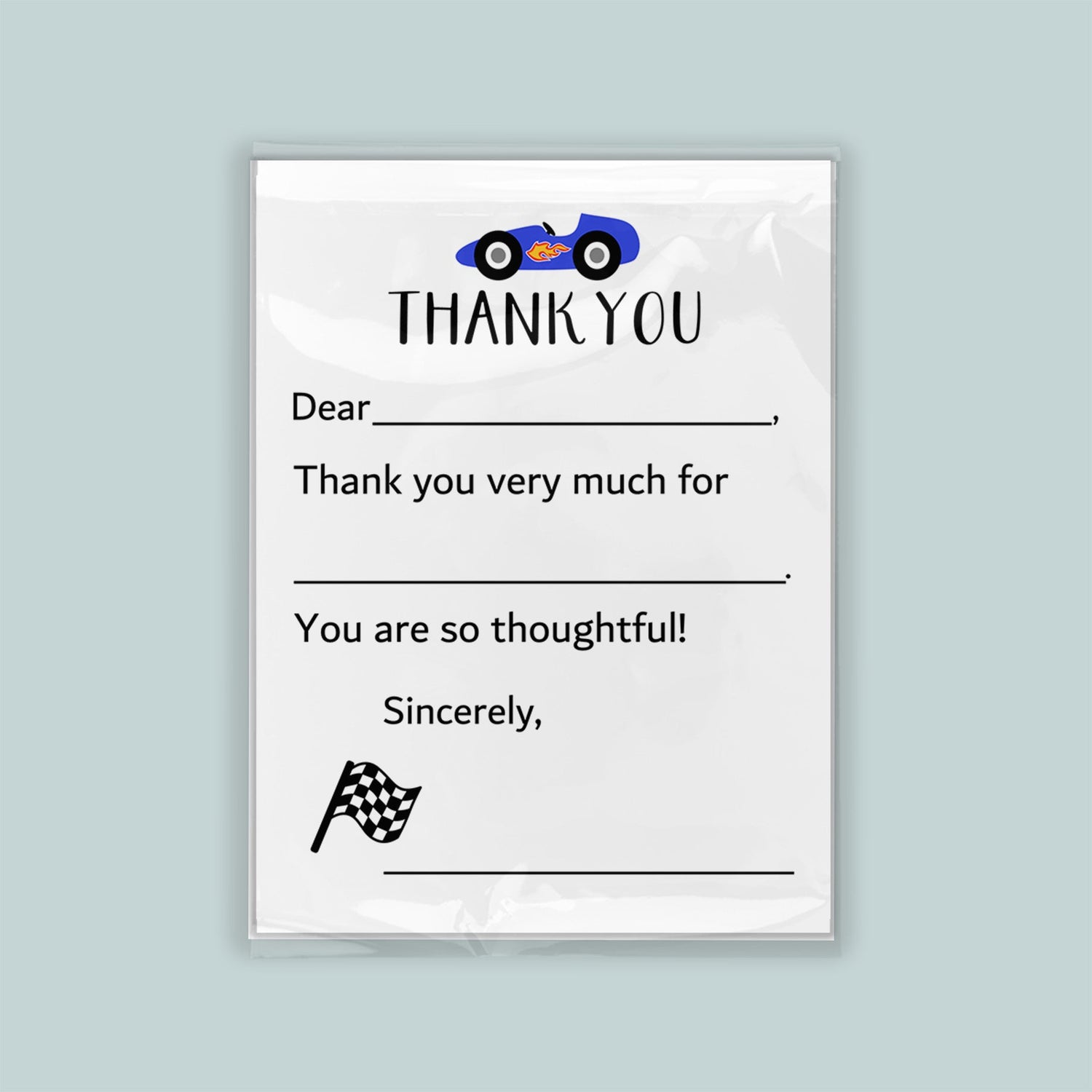 The image is a white card with a blue car and a checkered flag, along with a message expressing gratitude.