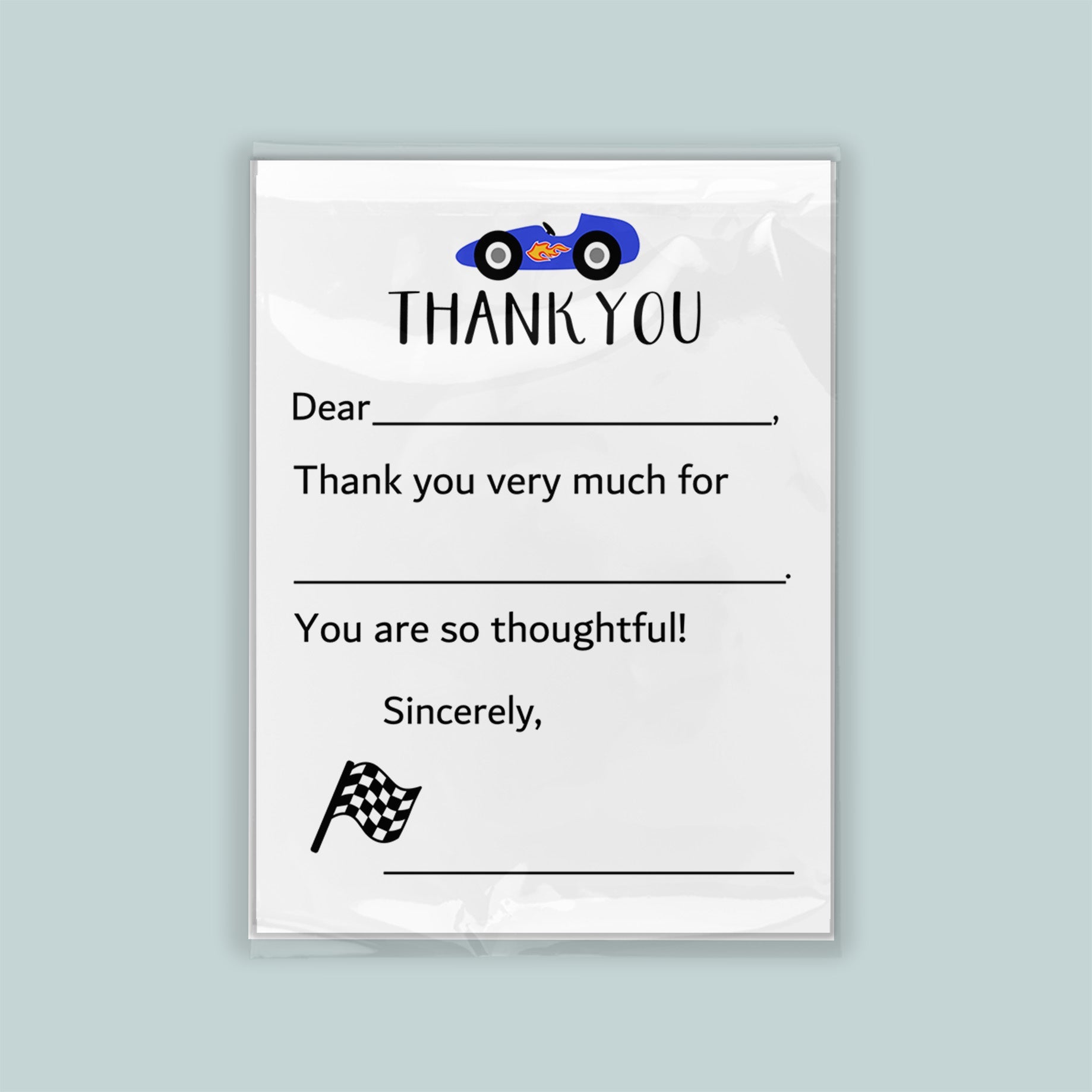 The image is a white card with a blue car and a checkered flag, along with a message expressing gratitude.
