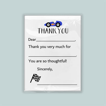 The image is a white card with a blue car and a checkered flag, along with a message expressing gratitude.