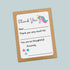 The image is a framed thank you card with a unicorn illustration and stars. The card has a blank space for a message and a blank space for a recipient&