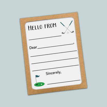 The image is a greeting card with a blank space for a message and a golf club graphic.