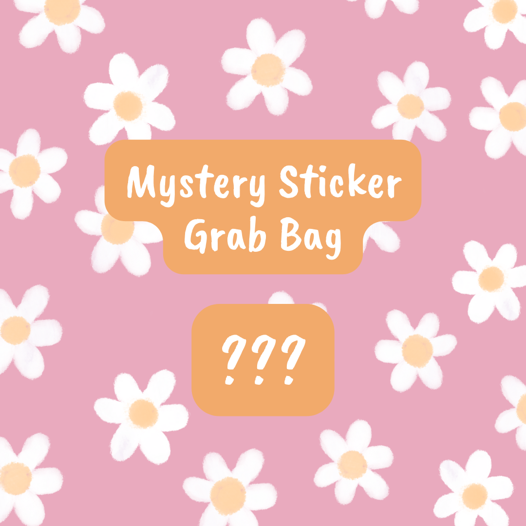Mystery sticker grab bag text on a pink background with white flowers