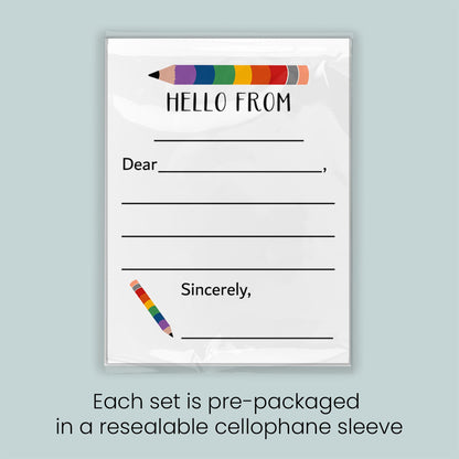 The image is a pre-packaged greeting card set that includes a blank card with a pencil and a rainbow-colored pencil, along with a note that reads "Hello from Sincerely". Each set is pre-packaged in a resealable cellophane sleeve.