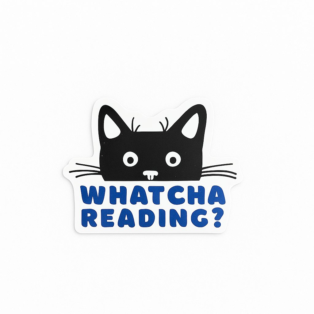Sticker with a black cat illustration and text &