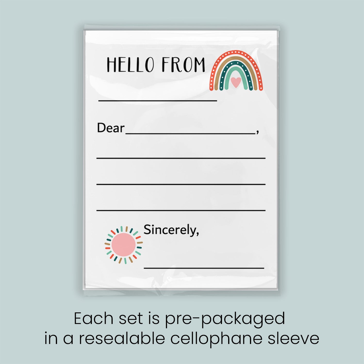 The image is a greeting card with a rainbow design and a blank space for a message. Each set is pre-packaged in a resealable cellophane sleeve.