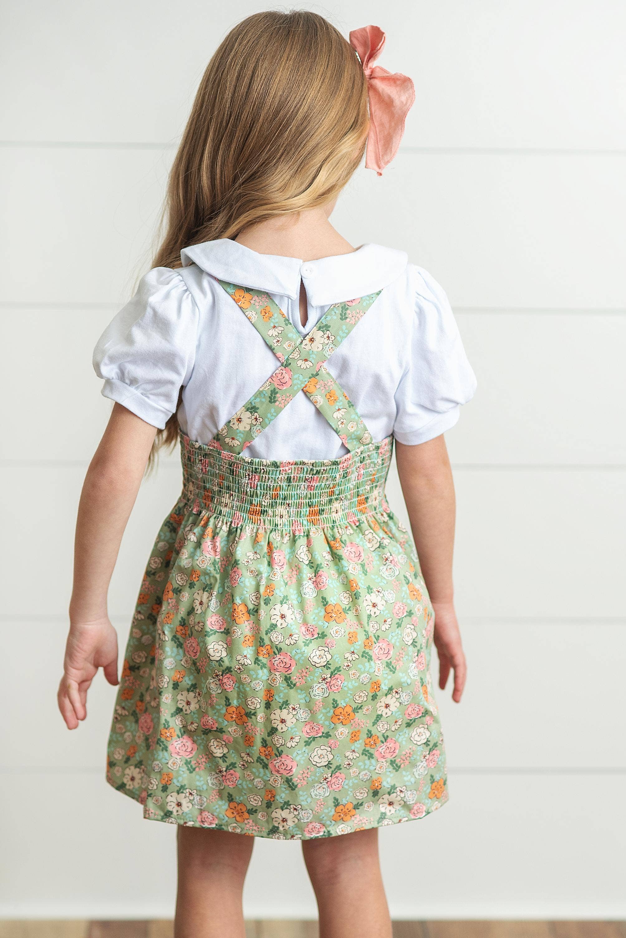 Kids Sage &amp; White Floral Jumper Skirt Easter Collar Set