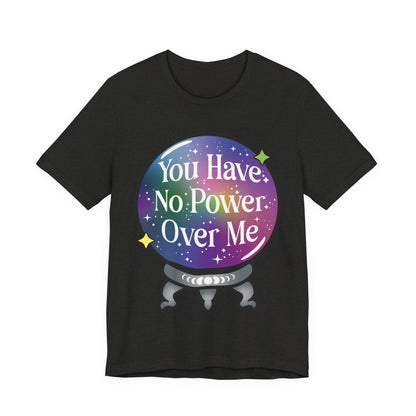 A black short-sleeve t-shirt with a colorful graphic of a crystal ball containing rainbow-colored stars and the text &