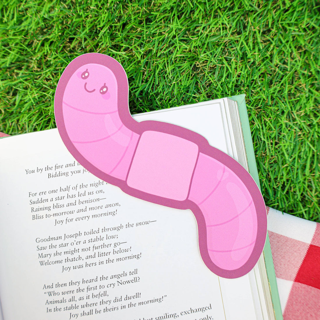 Pink caterpillar-shaped bookmark on an open book with grass in the background