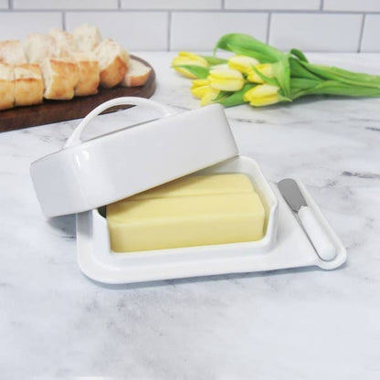 Porcelain Mess-Free Butter Dish w/ Matching Spreader - White