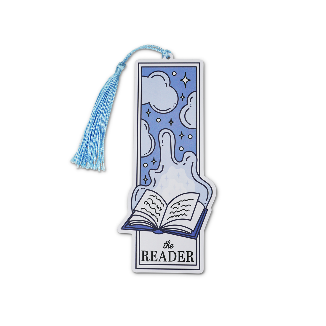 Bookmark with tassel featuring an illustration of a book and clouds, labeled &