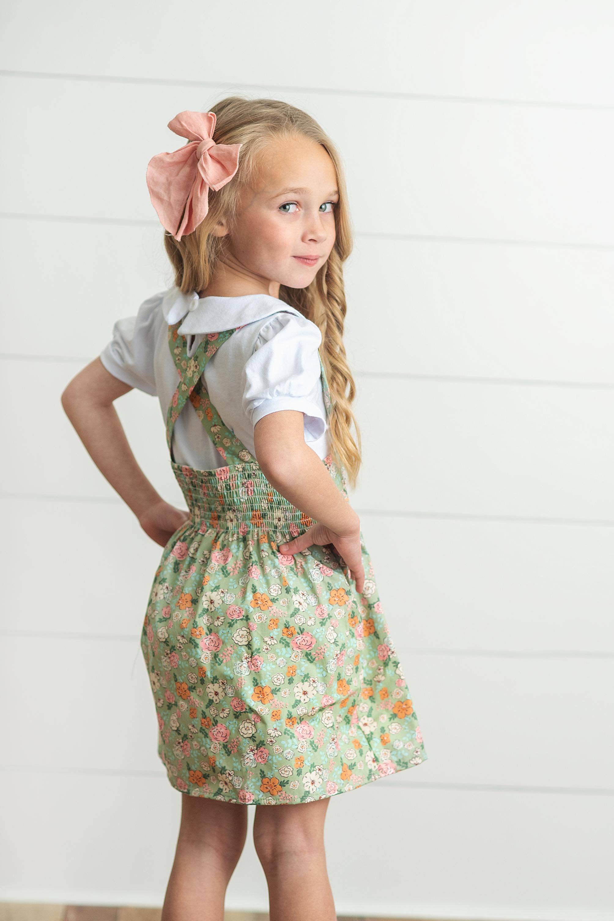 Kids Sage &amp; White Floral Jumper Skirt Easter Collar Set
