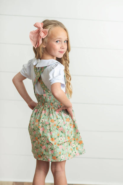 Kids Sage &amp; White Floral Jumper Skirt Easter Collar Set