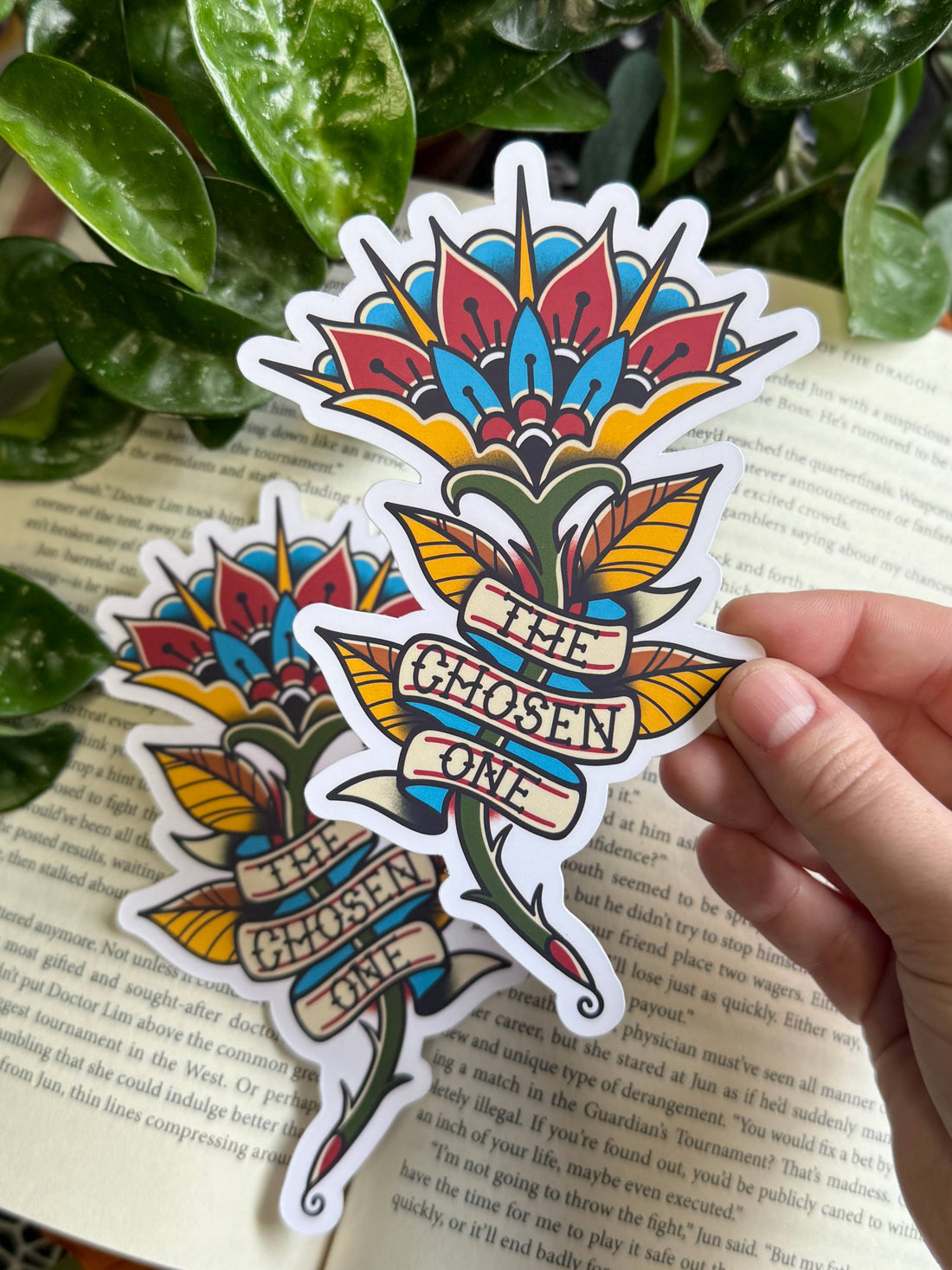 Colorful flower-shaped sticker with &
