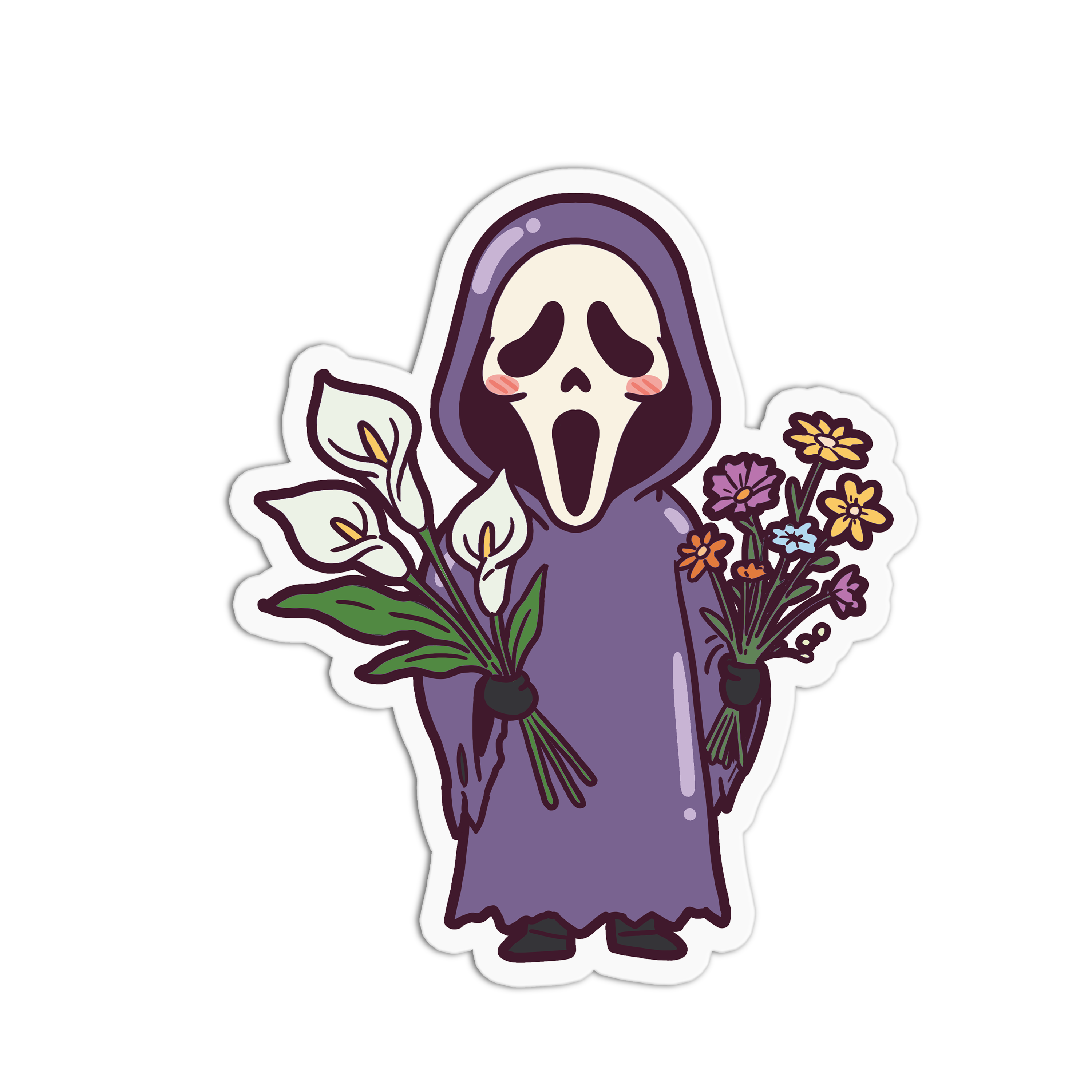 Sticker of a character in a purple hood holding flowers on a white background