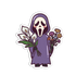 Sticker of a character in a purple hood holding flowers on a white background