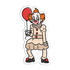 A die-cut vinyl sticker featuring a stylized cartoon illustration of Pennywise the Clown holding a red balloon, shown on a plain white background.