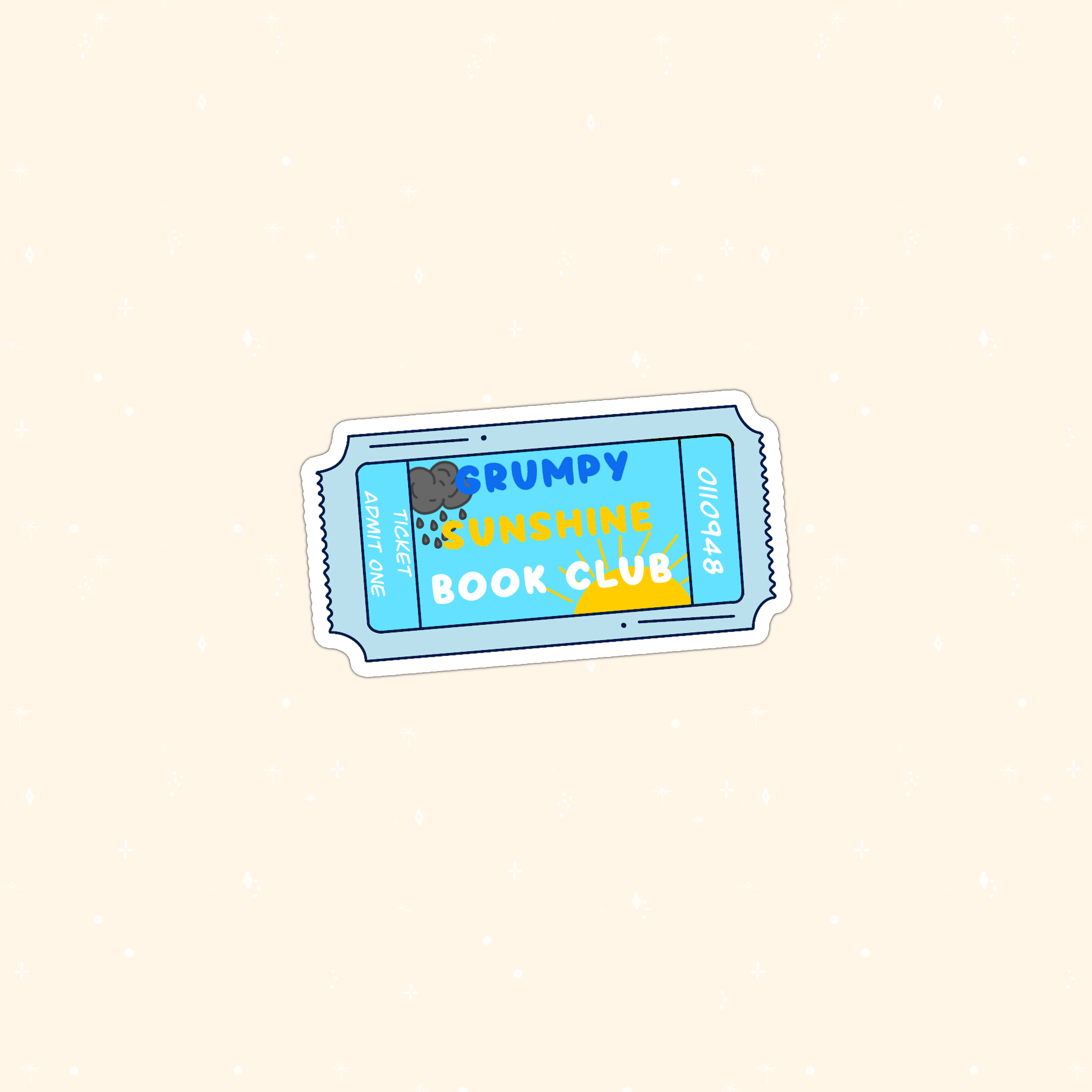 A die-cut sticker shaped like a retro movie ticket, featuring the text &