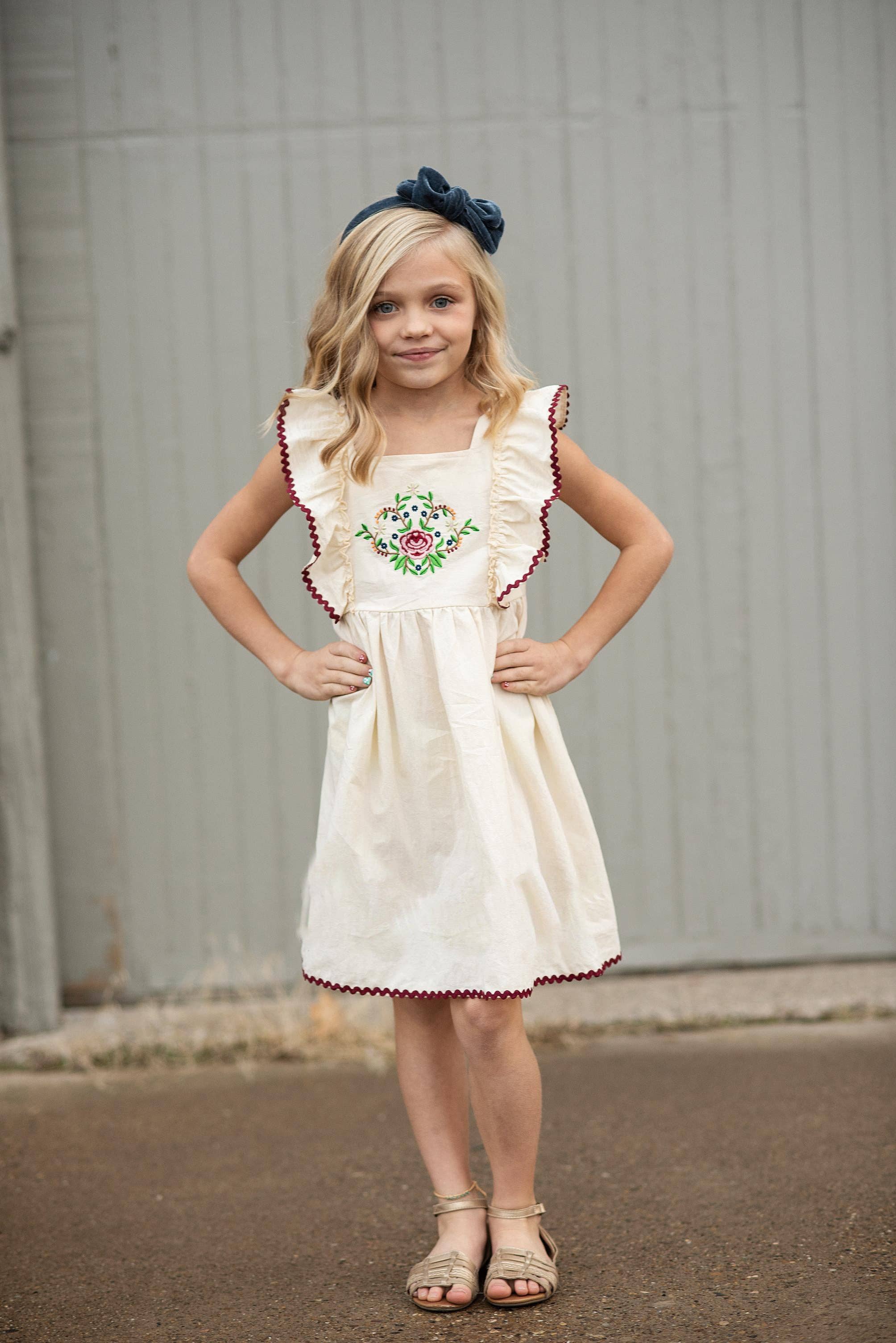 Kids Cream &amp; Burgundy Floral Embroidered Pinafore Dress