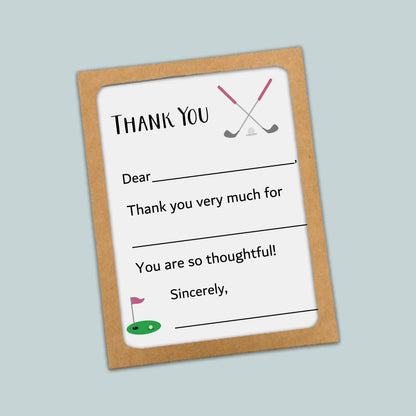 The image is a thank you card with a golf-themed design, including a golf club and a flag. The card has a blank space for a message and a blank space for a recipient&