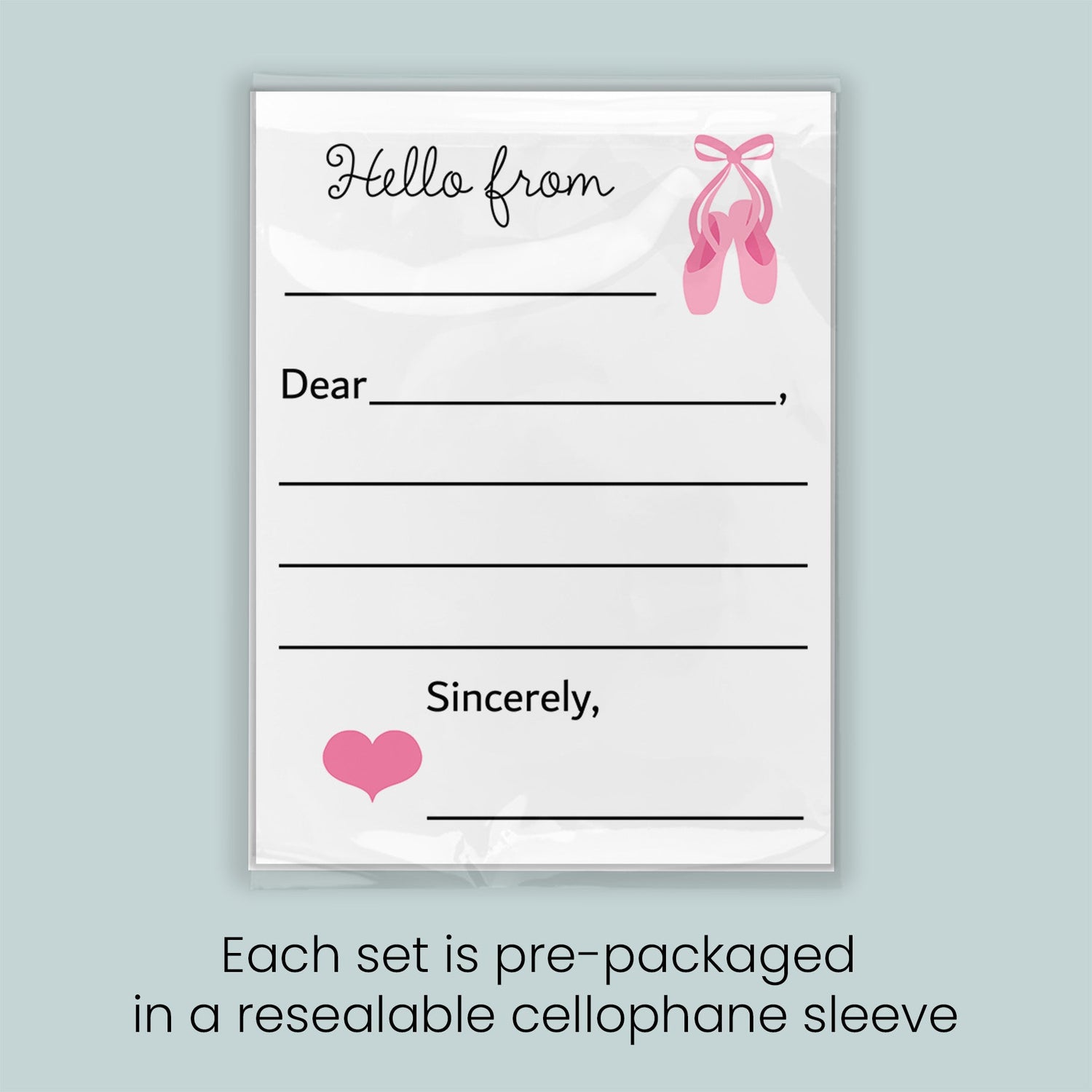 The image is a pre-packaged letter set, each set is pre-packaged in a resealable cellulophone sleeve.
