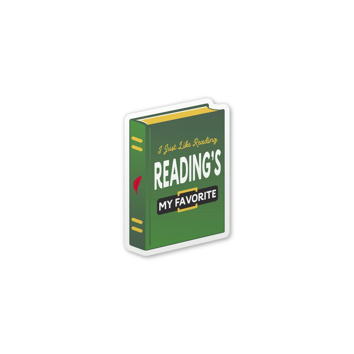 A die-cut sticker shaped like a green book with the text &