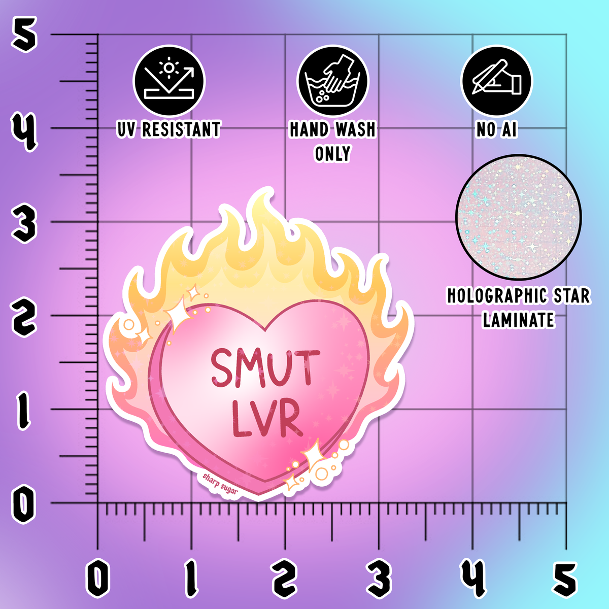 A sticker product preview on a purple-to-blue gradient background with measurement grid and text callouts. The sticker shows a pink heart with the words &