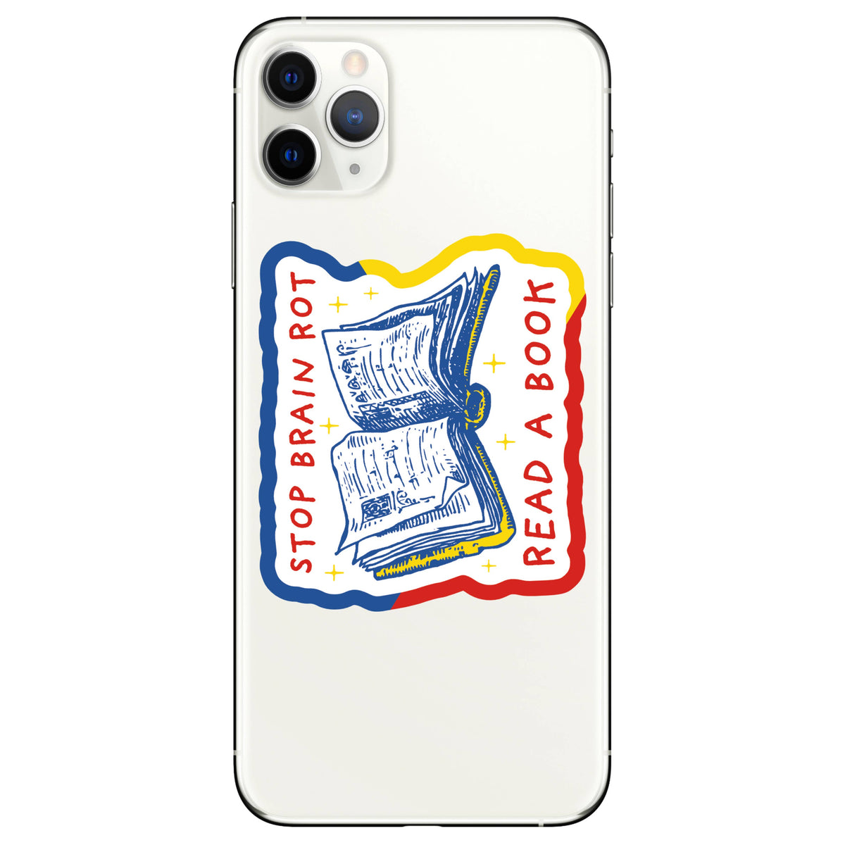 Phone case with a design of an open book and text &