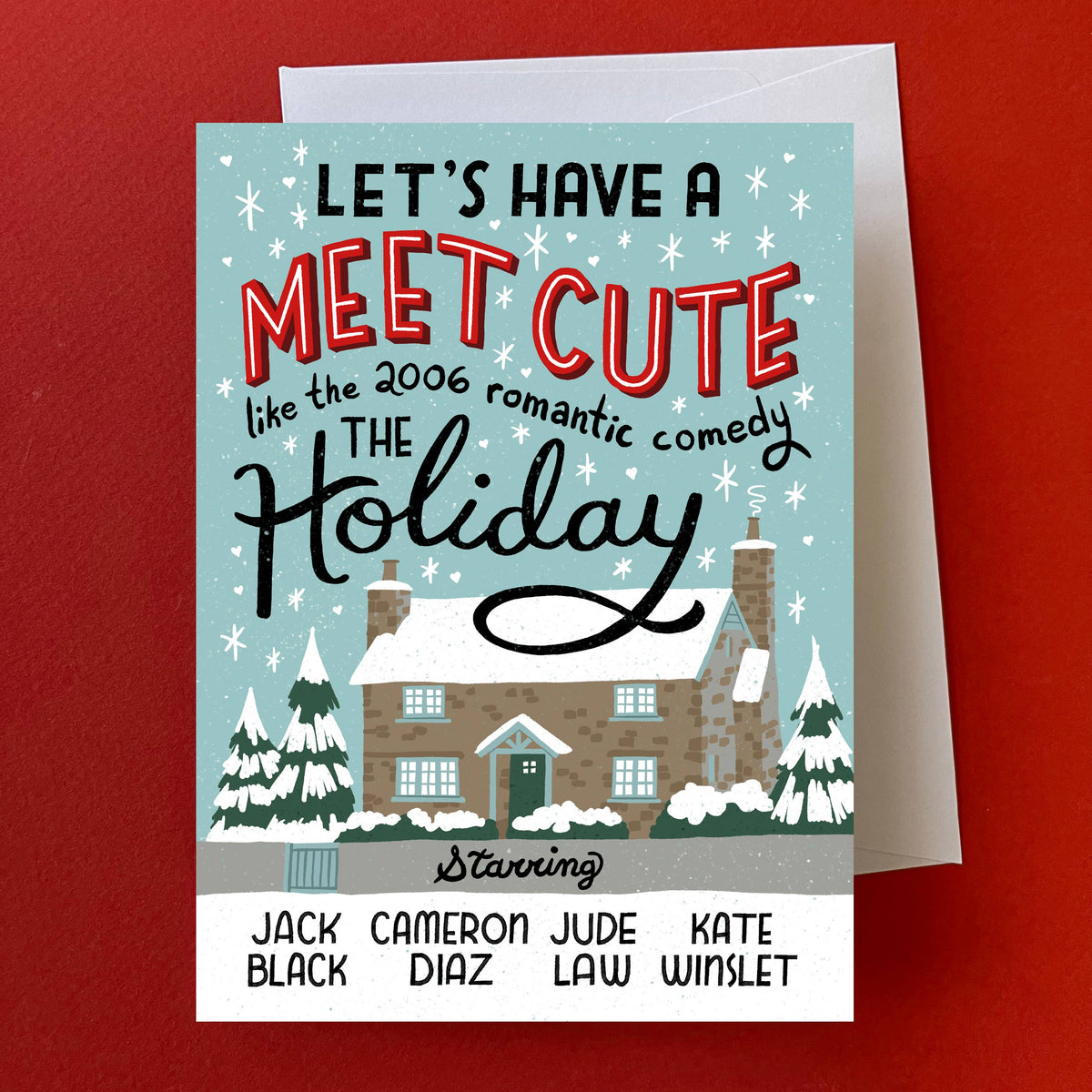 A personalized holiday greeting card with a light blue winter illustration, featuring the text &