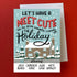 A personalized holiday greeting card with a light blue winter illustration, featuring the text &