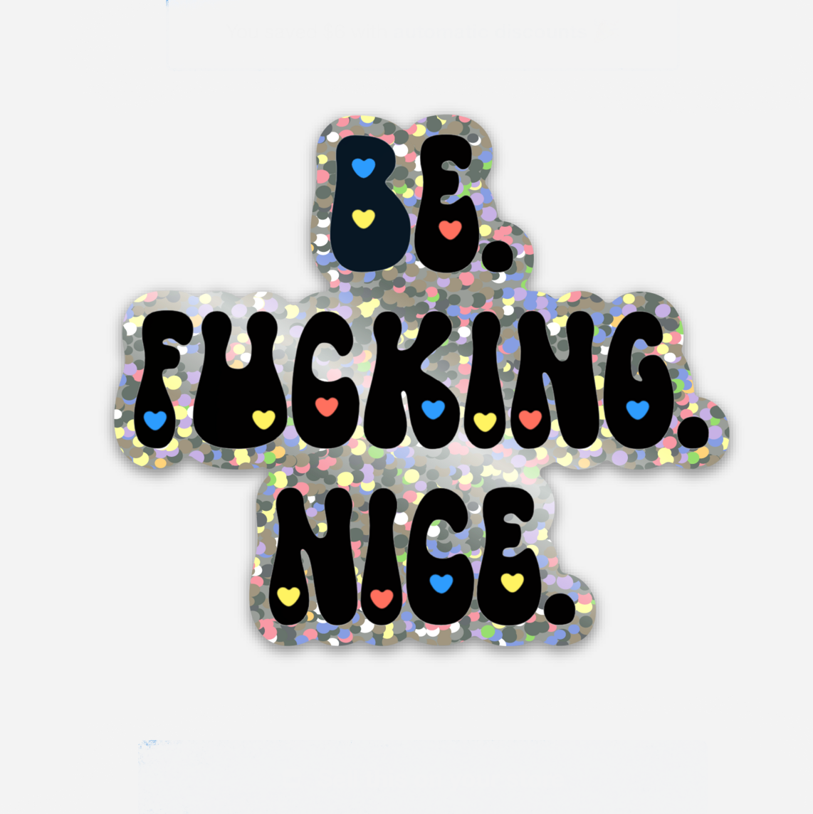 A die-cut sticker with a black and silver holographic glitter background featuring the text &
