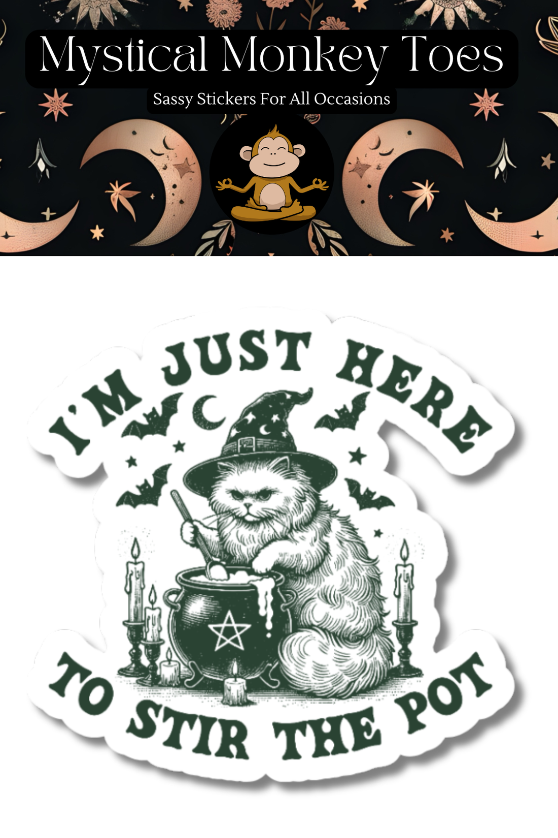 Sticker with a cat in a witch hat and potion, text &