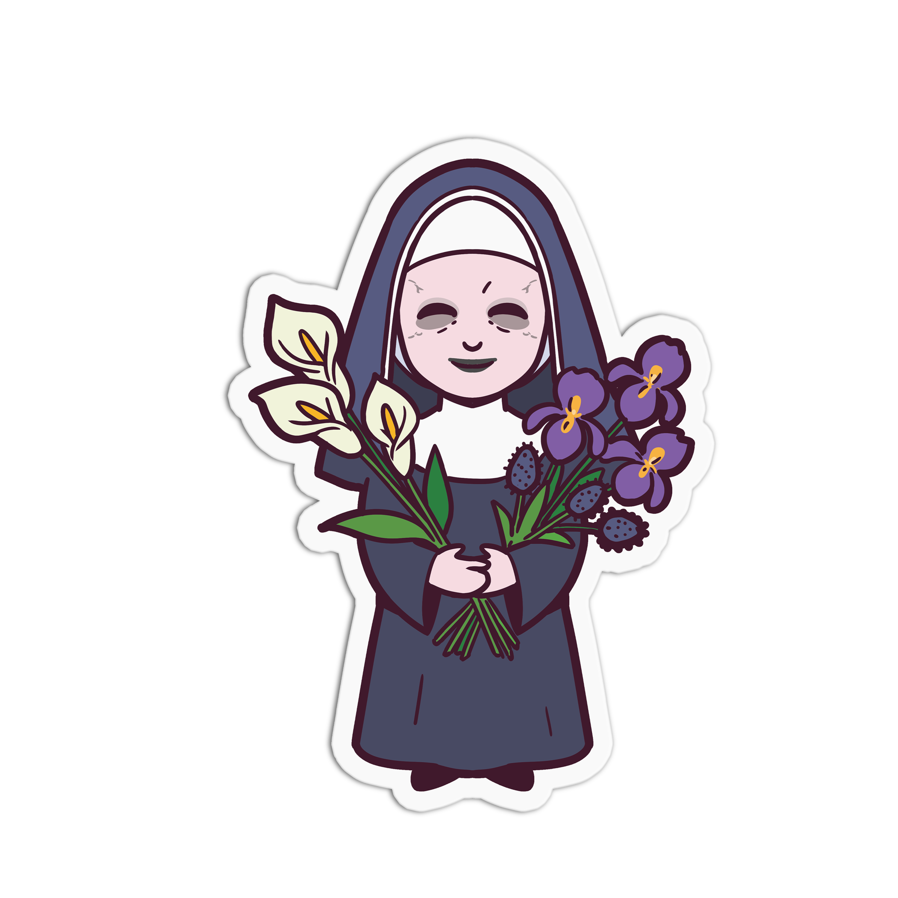 Illustration of a nun holding flowers on a white background