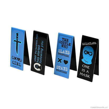 Five small signs with text and graphics on a white background