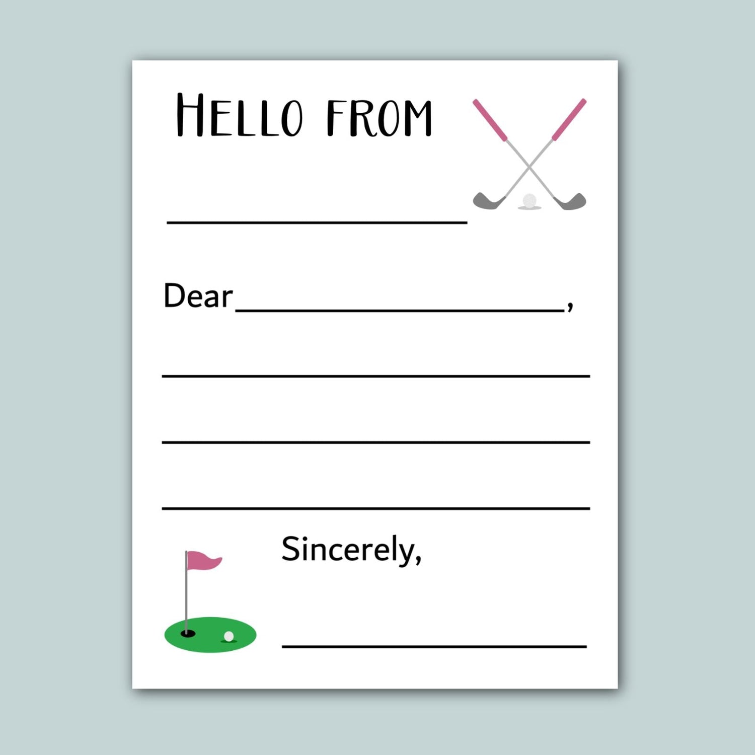 The image is a blank greeting card with a golf hole and two crossed golf clubs as the main design elements. The card has a blank space for a message and a blank space for a signature.