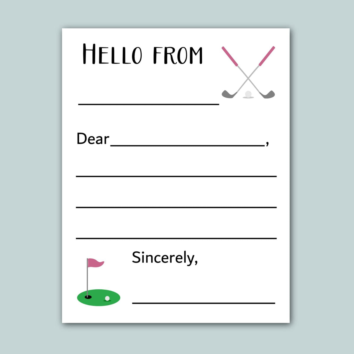 The image is a blank greeting card with a golf hole and two crossed golf clubs as the main design elements. The card has a blank space for a message and a blank space for a signature.