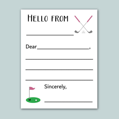 The image is a blank greeting card with a golf hole and two crossed golf clubs as the main design elements. The card has a blank space for a message and a blank space for a signature.