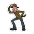 A die-cut cartoon sticker of a horror character in a crouched pose, wearing a brown hat, green and red striped sweater, dark blue pants, and black boots, with clawed gloves and a red spotted mask, shown on a black background.