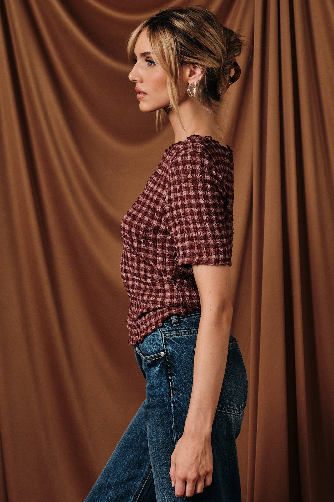Popcorn Texture Gingham Stretch Top
