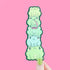 Stack of cartoon frog characters on a pink background