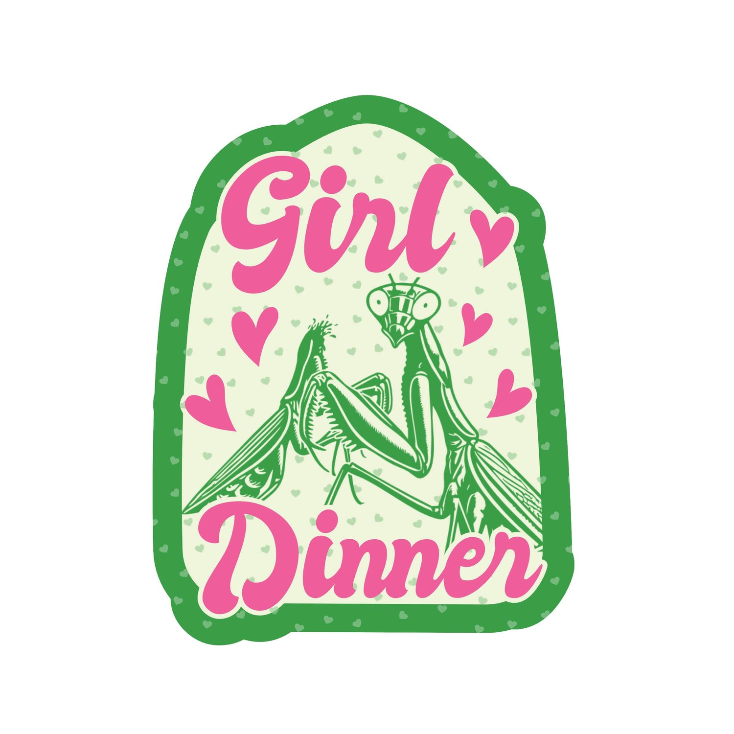 Sticker with praying mantis illustration and &