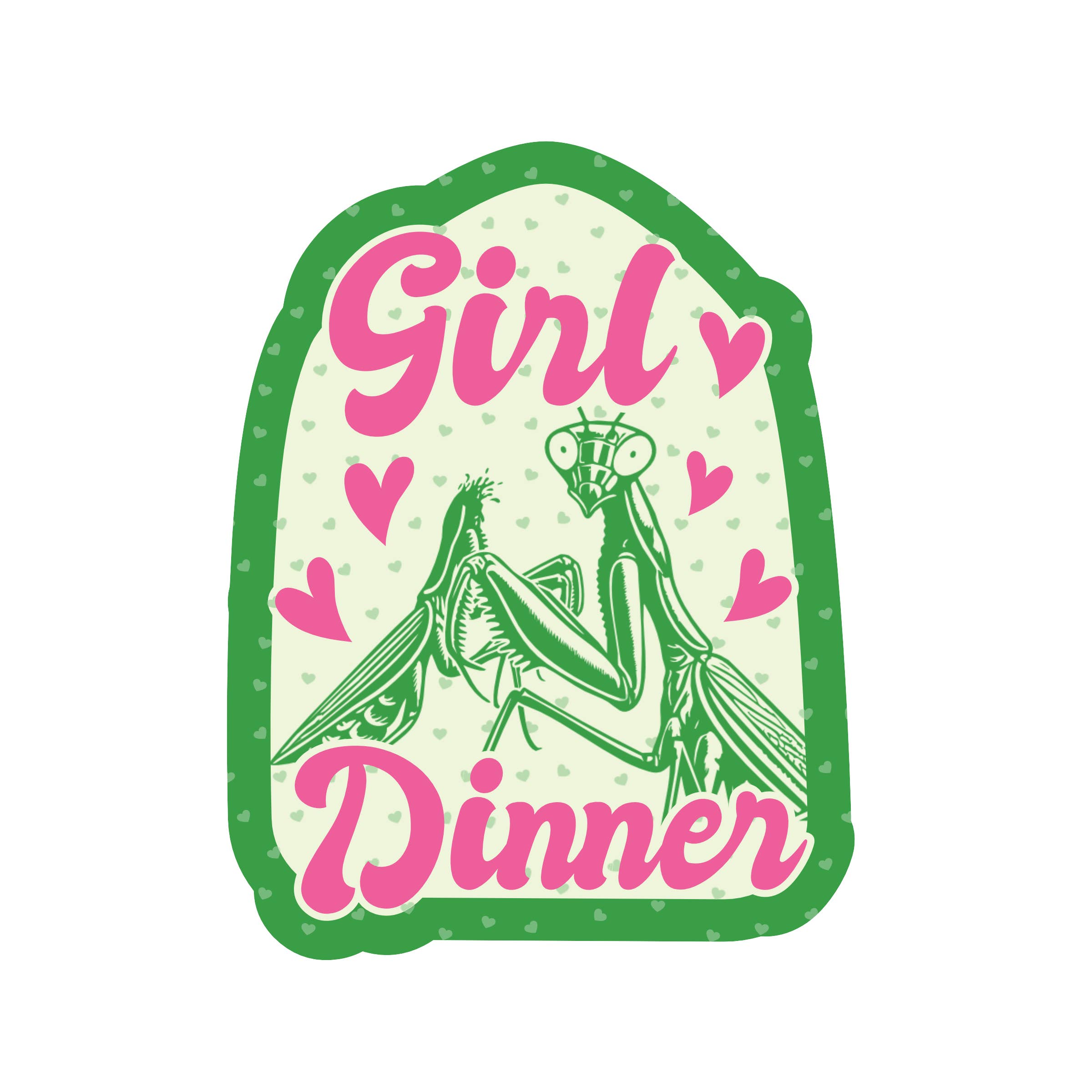 Sticker with praying mantis illustration and &