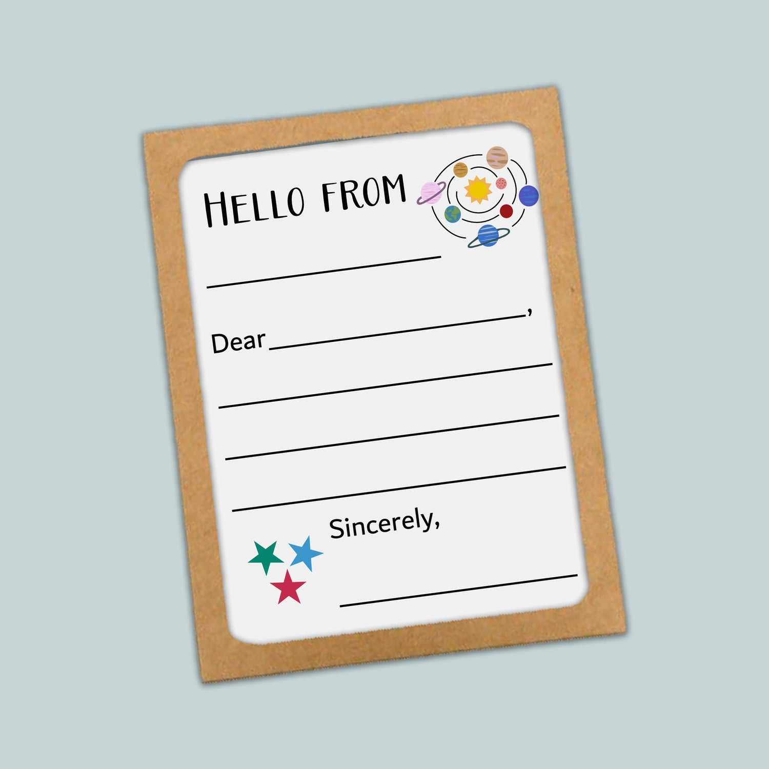 The image is a greeting card with a space-themed design, featuring a solar system and stars. The card has a blank space for a message and a space-themed border.