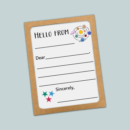 The image is a greeting card with a space-themed design, featuring a solar system and stars. The card has a blank space for a message and a space-themed border.