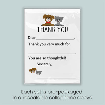 The image is a thank you card with a dog and a cat illustration, and it is pre-packaged in a resealable cellophane sleeve. Each set is pre-packaged in a resealable cellophane sleeve.
