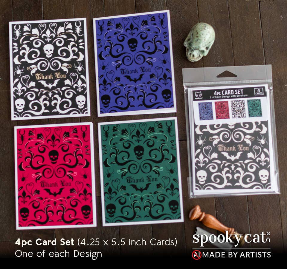Set of four Halloween-themed cards with decorative patterns and &
