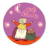 Circular sticker with a fairy tale character, pot of gold, and &