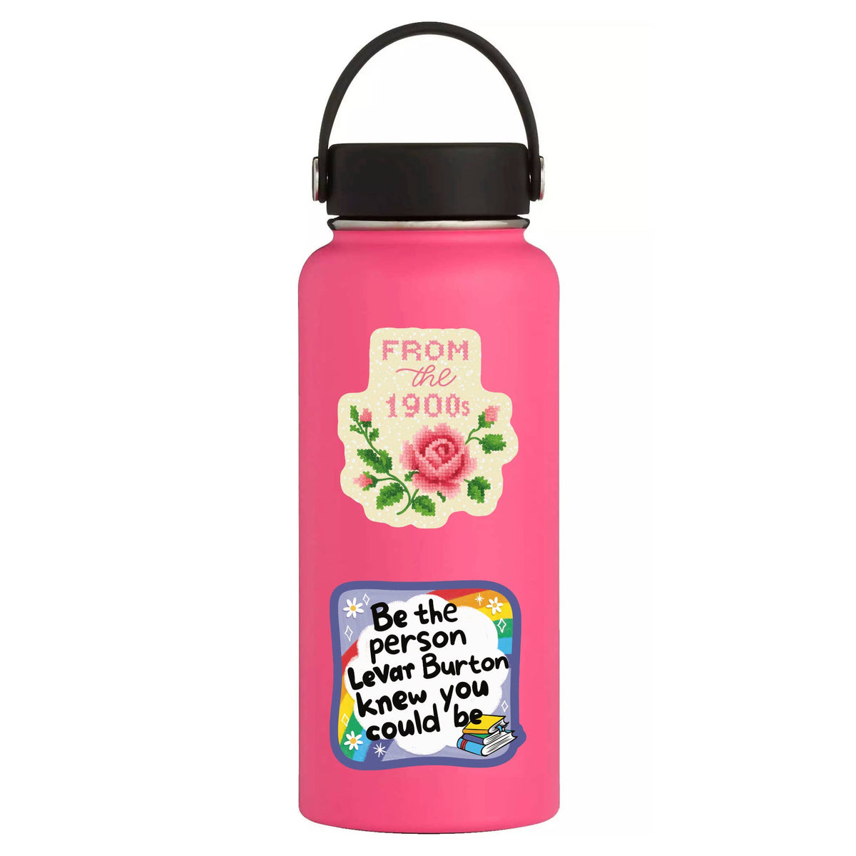 Pink water bottle with decorative labels on a white background